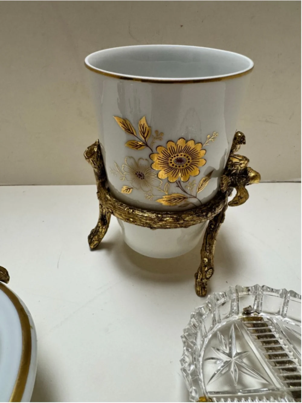 Lefton China White and Gold Bird Bath Vanity Hollywood Regency- 3 pc Set